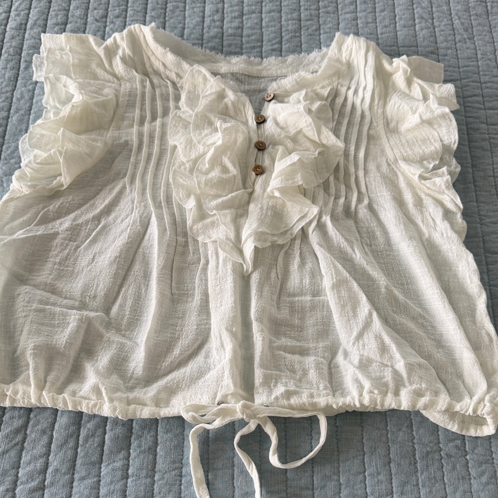 Ruffled White Peasant Blouse with Pintuck Detail